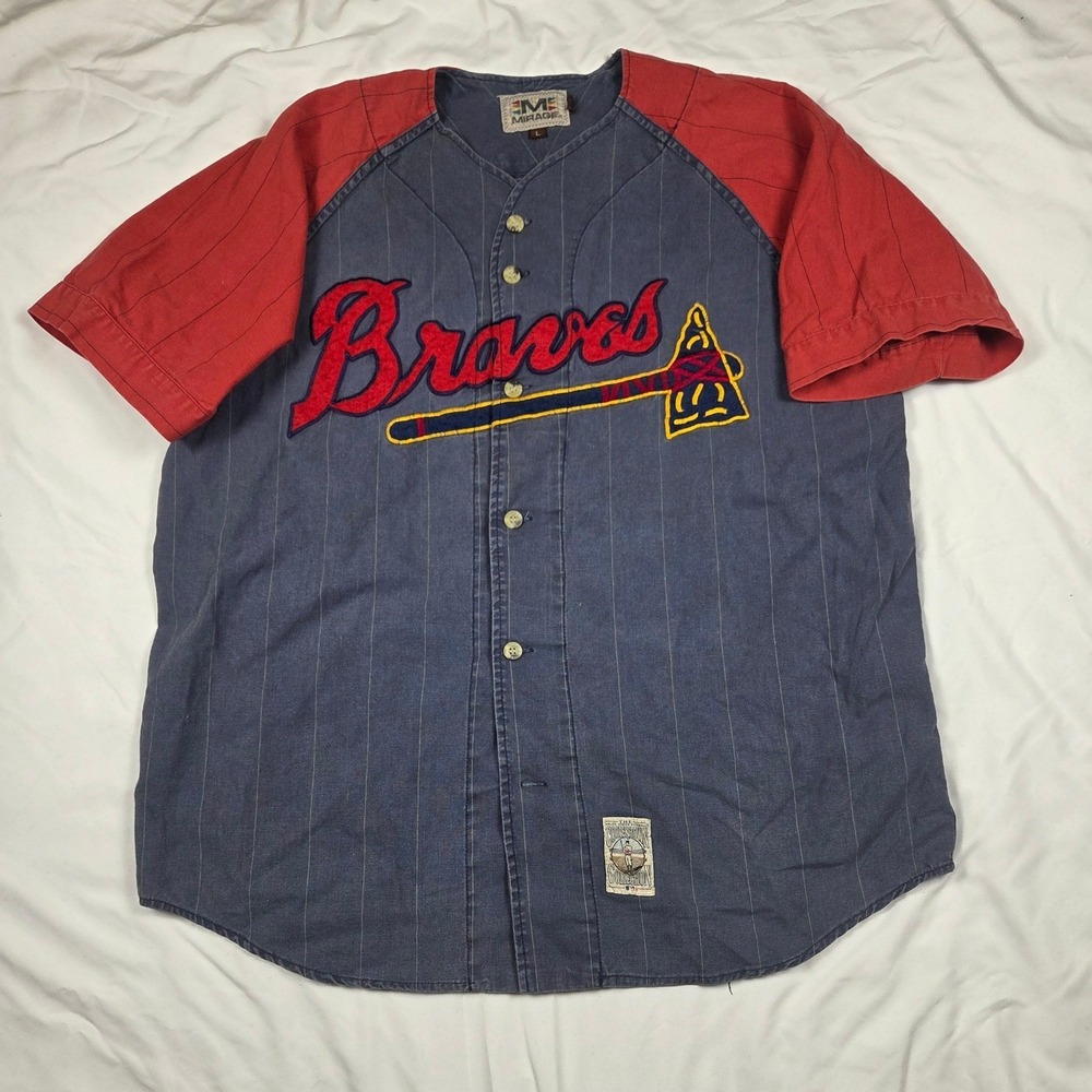 Vintage 90s Mirage Atlanta Braves Jersey Men L Blue Hank Aaron 44 Cooperstown